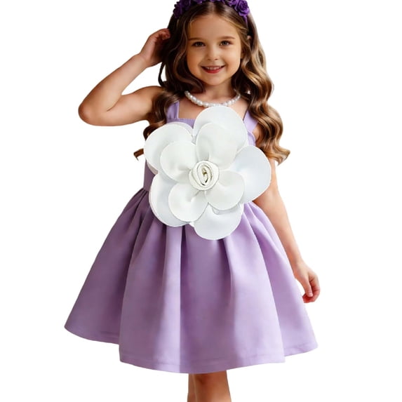 Girls Princess Dress with 3D Flower Sleeveless Formal Party Gown Easter Wedding Birthday Cute Short Dress (7 Years, Purple)