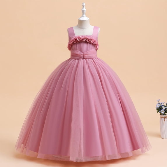 Girls Princess Dresses 3D Floral Pageant Gown 6-17 Years Sleeveless Solid Color Stereo Flower Decor Tulle Fluffy Tutu Dress Elegant Princess Dress for Birthday Wedding Piano Performance Hot Pink