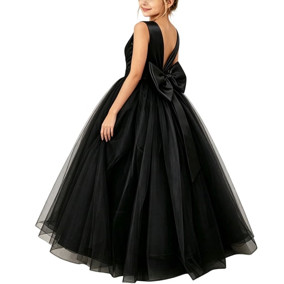 Girls Princess Dresses Cozy Satin Tulle,V Neck Back Big Bow Floor Length Wedding Flower Party Pageant Gown Black 7-8Years