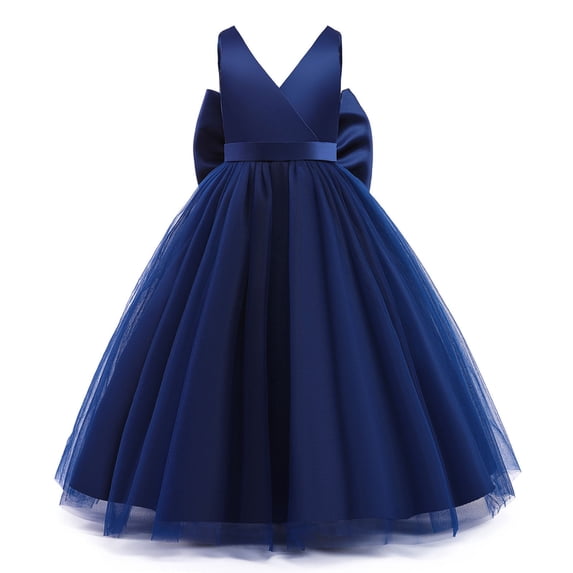 Girls Princess Dresses Cozy Satin Tulle,V Neck Back Big Bow Floor Length Wedding Flower Party Pageant Gown Blue 9-10Years