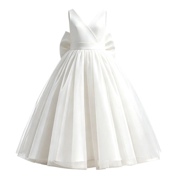 Girls Princess Dresses Cozy Satin Tulle,V Neck Back Big Bow Floor Length Wedding Flower Party Pageant Gown White 9-10Years