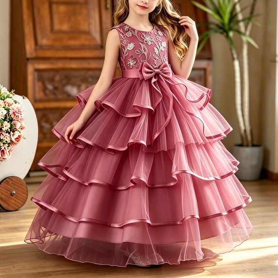 Girls Princess Dresses Floor Length Embroidery Flower Trendy Bow Detail Sleeveless Ruched Layered Tulle Gown for Flower Girl Wedding Party Birthday Pink 5-6Years