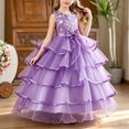 thumbnail image 1 of Girls Princess Dresses Floor Length Embroidery Flower Trendy Bow Detail Sleeveless Ruched Layered Tulle Gown for Flower Girl Wedding Party Birthday Purple 11-12 Years, 1 of 7