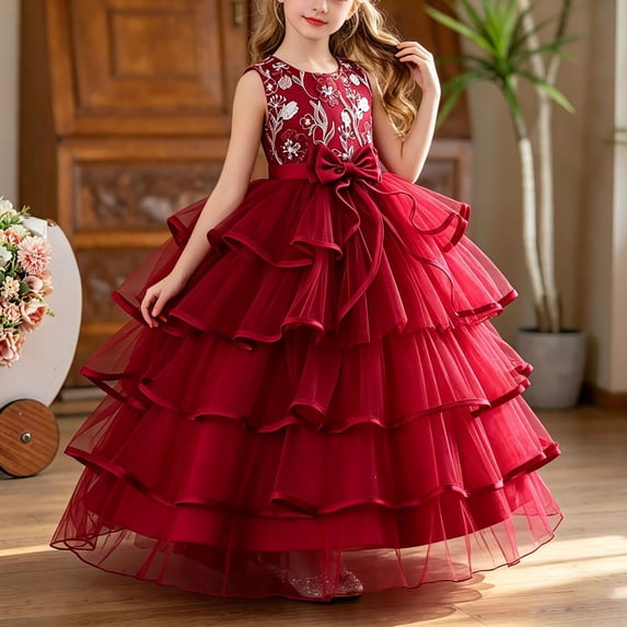 Girls Princess Dresses Floor Length Embroidery Flower Trendy Bow Detail Sleeveless Ruched Layered Tulle Gown for Flower Girl Wedding Party Birthday Wine 7-8Years
