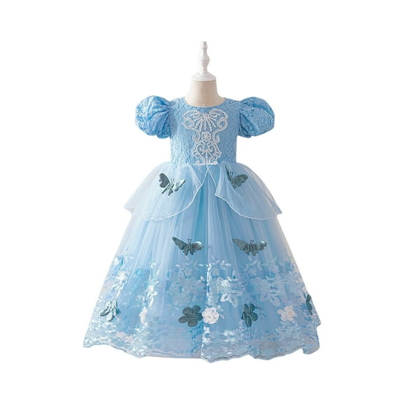 Girls Princess Dresses Puffy Sleeve Floral Embroidered Tulle Dress for Birthday Party Wedding Christmas Halloween Cosplay Costume Gown