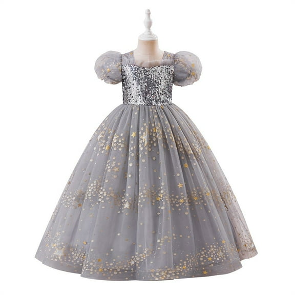 Girls Princess Dresses Sequin Tulle Ball Gown Elegant Star Pattern Puff Sleeve Formal Party Dress for Birthday Wedding