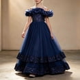 thumbnail image 1 of Girls Princess Dresses Strap Off Shoulder Large Ruffled Tulle Dress ,Layered Sequin Mesh Gown for Wedding Party Ceremony Navy 5-6 Years, 1 of 7