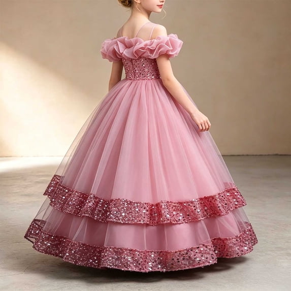 Girls Princess Dresses Strap Off Shoulder Large Ruffled Tulle Dress ,Layered Sequin Mesh Gown for Wedding Party Ceremony Pink 14-15Years