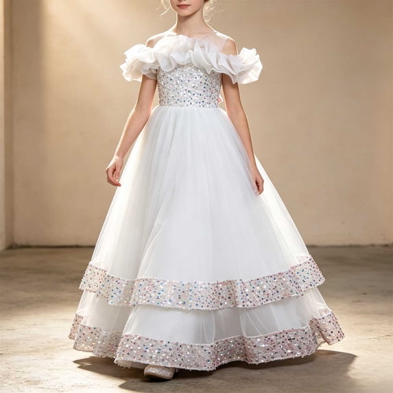 Girls Princess Dresses Strap Off Shoulder Large Ruffled Tulle Dress ,Layered Sequin Mesh Gown for Wedding Party Ceremony White 9-10 Years