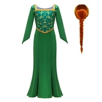 Girls Princess Costume Kids Wig Cosplay Green Long Dress Halloween Outfits