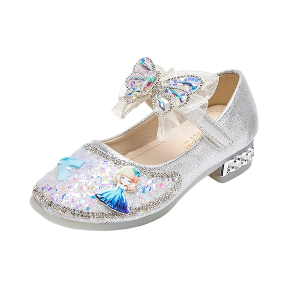 Girls Princess Flower Shoes Mary Jane Glitter Sequin Party Wedding Low Heel (26,Silver)