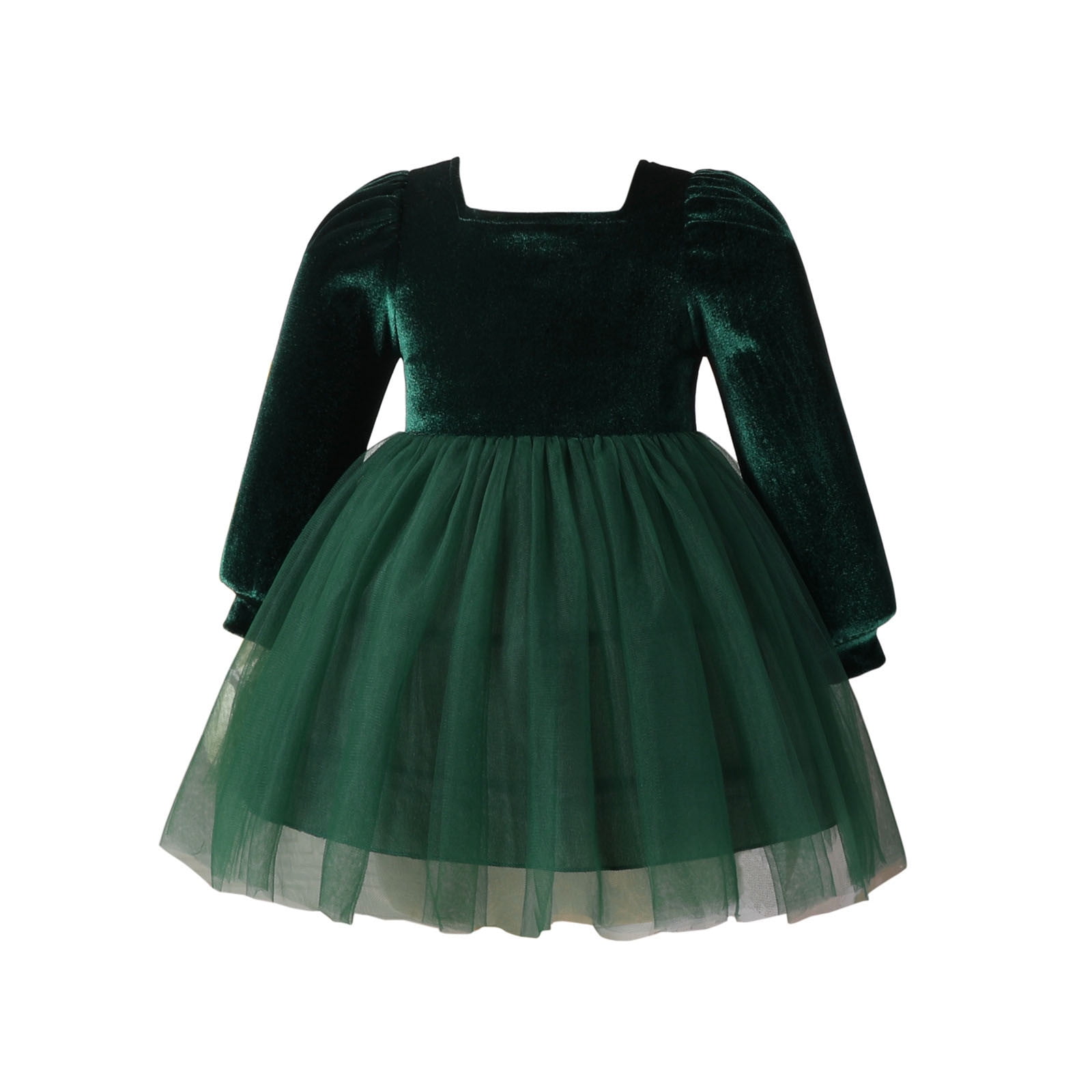 Girls Princess Formal Dresses Velvet Long Sleeve Smocked Back Tulle Dress Birthday Party Elegant Fashion Babys Gown Green 12 Months
