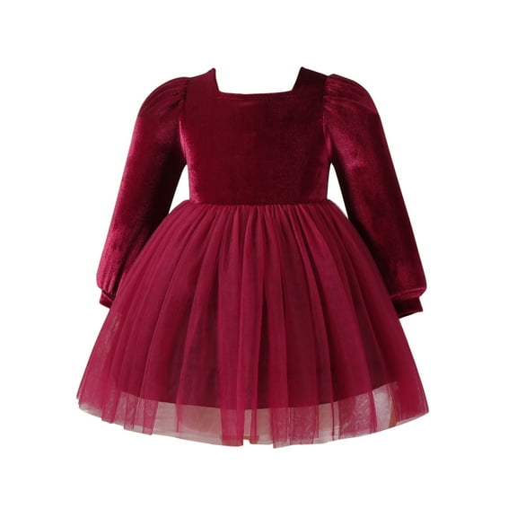 Girls Princess Formal Dresses Velvet Long Sleeve Smocked Back Tulle Dress Birthday Party Elegant Fashion Babys Gown Red 2 Years