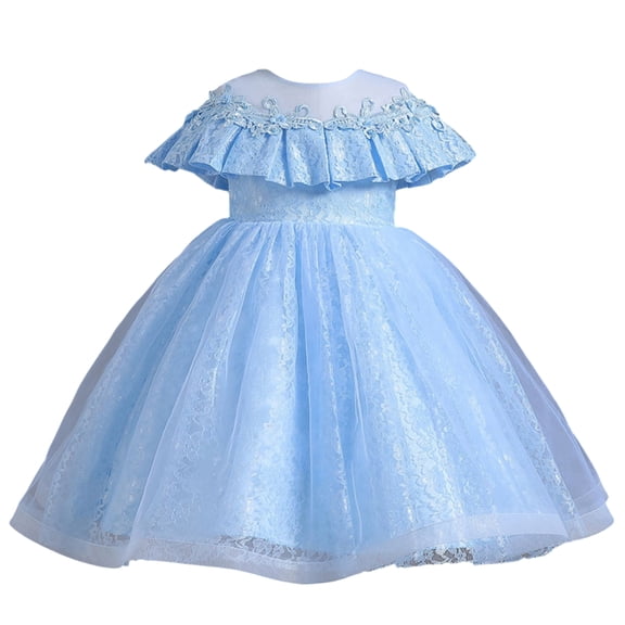 Girls Princess Gown Performance Girls Dress with Floral Embroidery and Layered Ruffle Collar Princess Style Formal Occasion Wear for Children Princess Dress Up for Girls 4-6 (Sky Blue 130)