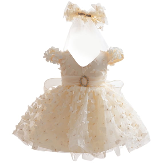 Girls Princess Gown Performance Girls Floral Appliqué Short Sleeve Tulle Princess Dress with Bow Headband and Veil Costume Set for Parties Events Princess Dress Up for Girls 4-6 (Champagne 12M)
