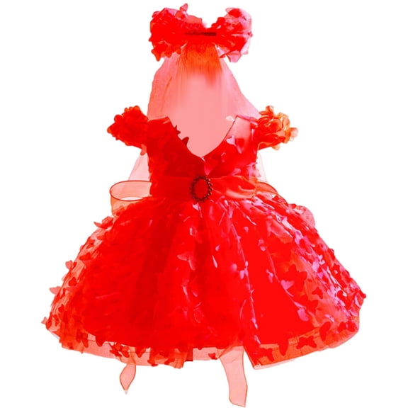 Girls Princess Gown Performance Girls Floral Appliqué Short Sleeve Tulle Princess Dress with Bow Headband and Veil Costume Set for Parties Events Princess Dress Up for Girls 4-6 (Red 24M)