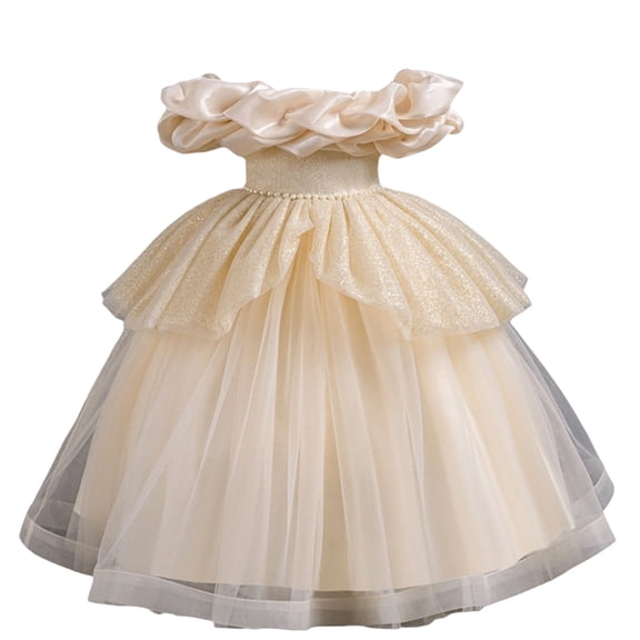 Girls Princess Gown Performance Girls Formal Dress with Layered Tulle Skirt and Ruffled Satin Collar for Special Occasions and Parties Princess Dress Up for Girls 4-6 (Champagne 120)