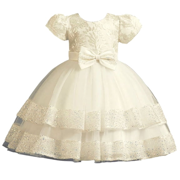 Girls Princess Gown Performance Girls Formal Dress Puff Sleeve Embroidered Bodice Layered Tulle Skirt with Bowknot for Special Occasions and Parties Princess Dress Up for Girls 4-6 (Champagne 70)