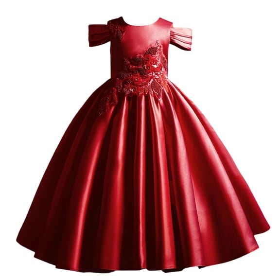 Girls Princess Gown Performance Girls Formal Floor Length Gown with Applique and Layered Short Sleeves Elegant Satin Ball Dress for Special Occasions Princess Dress Up for Girls 4-6 (Deep Red 110)