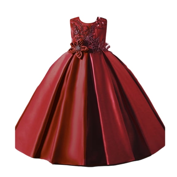 Girls Princess Gown Performance Girls Formal Sleeveless Ball Gown with Floral Appliques and Bow Detail for Special Occasions Party Wedding Dress Princess Dress Up for Girls 4-6 (Deep Red 140)