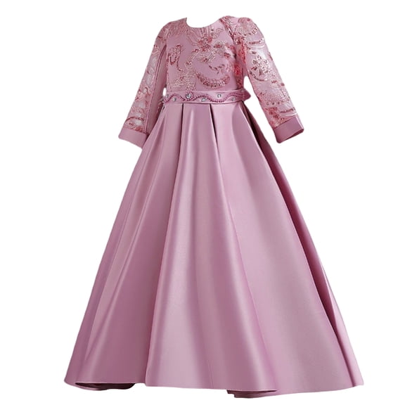 Girls Princess Gown Performance Girls Long Sleeve Embroidered Formal Dress Full Length Gown with Pleated Skirt and Floral Overlay for Special Occasions Princess Dress Up for Girls 4-6 (Pink 130)