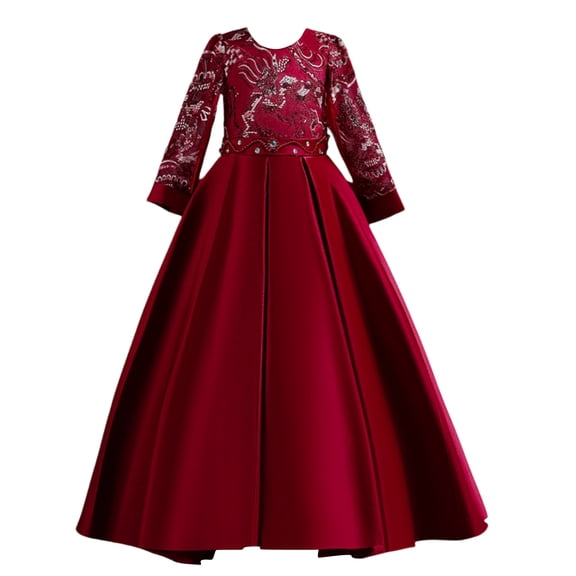 Girls Princess Gown Performance Girls Long Sleeve Embroidered Formal Dress Full Length Gown with Pleated Skirt and Floral Overlay for Special Occasions Princess Dress Up for Girls 4-6 (Deep Red 110)