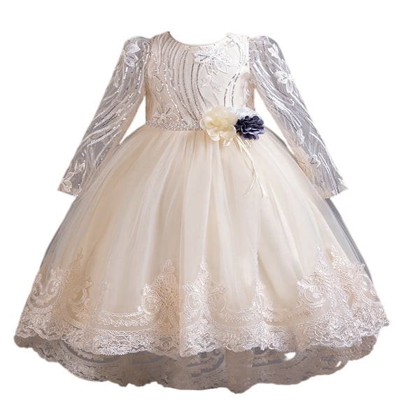 Girls Princess Gown Performance Girls Long Sleeve Floral Dress with Tulle Skirt and Decorative Waist Flower for Formal Party Occasions Princess Dress Up for Girls 4-6 (Champagne 120)