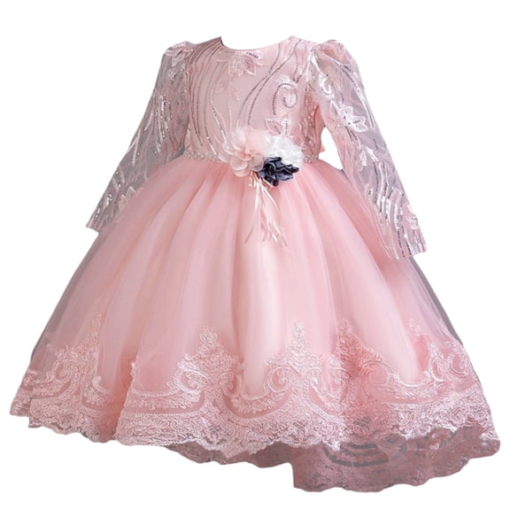 Girls Princess Gown Performance Girls Long Sleeve Floral Dress with Tulle Skirt and Decorative Waist Flower for Formal Party Occasions Princess Dress Up for Girls 4-6 (Pink 130)