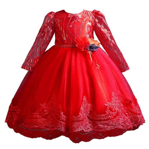 Girls Princess Gown Performance Girls Long Sleeve Floral Dress with Tulle Skirt and Decorative Waist Flower for Formal Party Occasions Princess Dress Up for Girls 4-6 (Red 100)