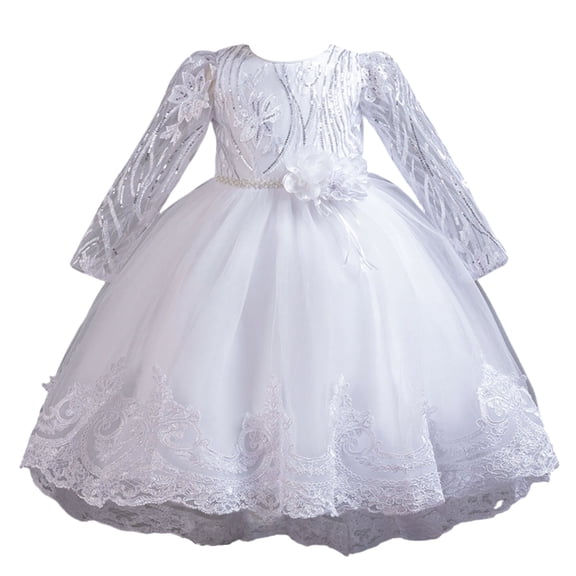 Girls Princess Gown Performance Girls Long Sleeve Floral Dress with Tulle Skirt and Decorative Waist Flower for Formal Party Occasions Princess Dress Up for Girls 4-6 (White 130)