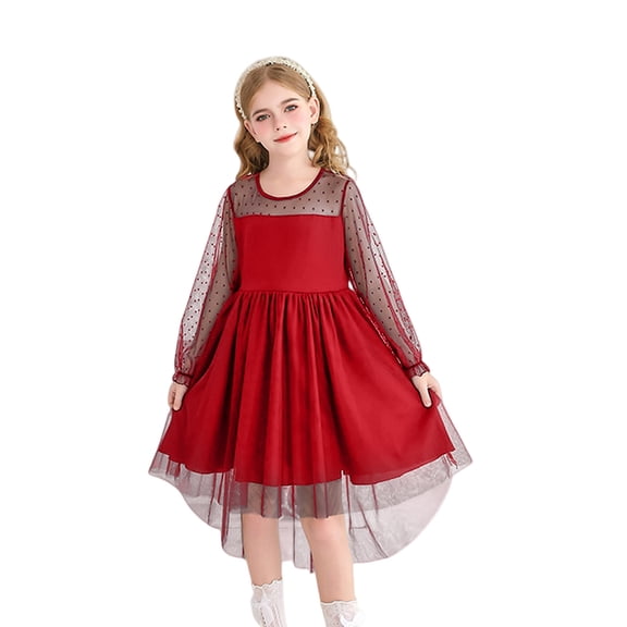 Girls Princess Gown Performance Girls Long Sleeve Mesh Overlay Dress with Sheer Polka Dot Sleeves and High Low Hem for Special Occasions Parties Events Princess Dress Up for Girls 4-6 (Red 110)