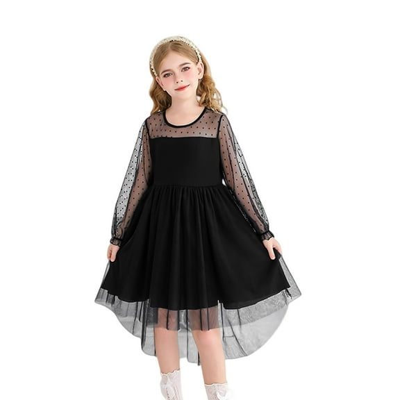 Girls Princess Gown Performance Girls Long Sleeve Mesh Overlay Dress with Sheer Polka Dot Sleeves and High Low Hem for Special Occasions Parties Events Princess Dress Up for Girls 4-6 (Black 120)