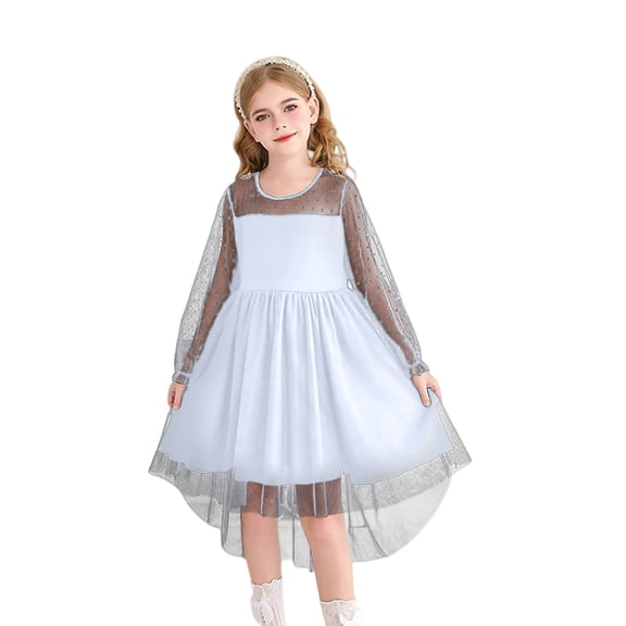 Girls Princess Gown Performance Girls Long Sleeve Mesh Overlay Dress with Sheer Polka Dot Sleeves and High Low Hem for Special Occasions Parties Events Princess Dress Up for Girls 4-6 (White 120)