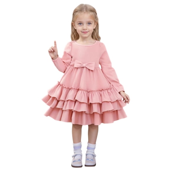 Girls Princess Gown Performance Girls Long Sleeve Ruffle Layered Dress with Bow Detail Soft Cotton Blend Fabric for Kids and Kids Party Wear Princess Dress Up for Girls 4-6 (Pink 150)