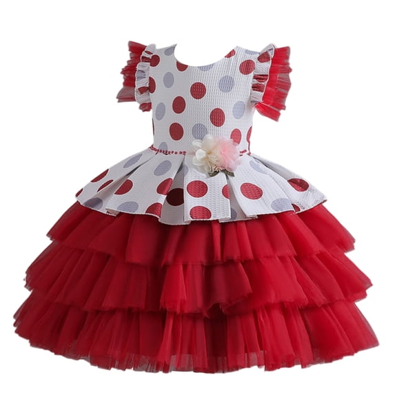Girls Princess Gown Performance Girls Ruffle Sleeve Dress with Polka Dot Print and Multi Layered Tulle Skirt for Special Occasions and Parties Princess Dress Up for Girls 4-6 (Deep Red 140)