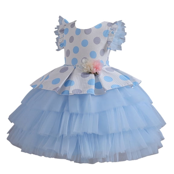 Girls Princess Gown Performance Girls Ruffle Sleeve Dress with Polka Dot Print and Multi Layered Tulle Skirt for Special Occasions and Parties Princess Dress Up for Girls 4-6 (Sky Blue 100)