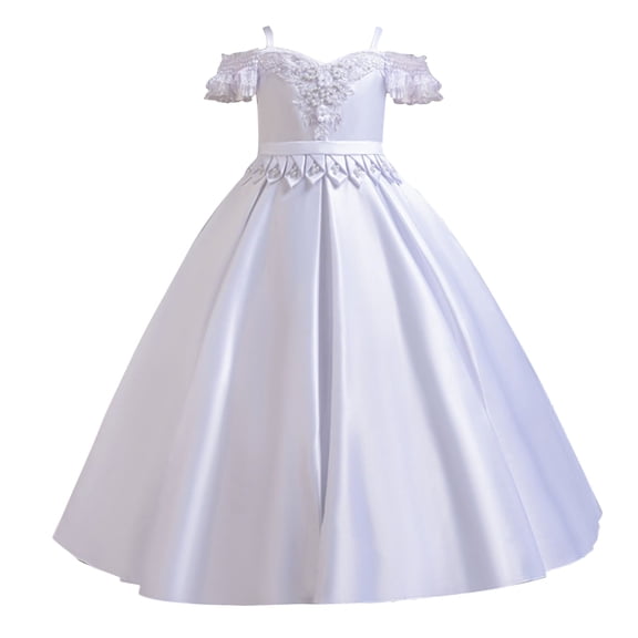 Girls Princess Gown Performance Girls Off Shoulder Applique Satin Ball Gown Dress with Floral Embellishments for Formal Party Wedding Birthday Pageant Princess Dress Up for Girls 4-6 (White 150)