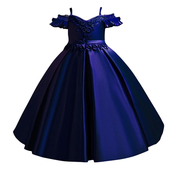 Girls Princess Gown Performance Girls Off Shoulder Applique Satin Ball Gown Dress with Floral Embellishments for Formal Party Wedding Birthday Pageant Princess Dress Up for Girls 4-6 (Royal Blue 140)