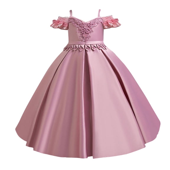 Girls Princess Gown Performance Girls Off Shoulder Applique Satin Ball Gown Dress with Floral Embellishments for Formal Party Wedding Birthday Pageant Princess Dress Up for Girls 4-6 (Light pink 160)