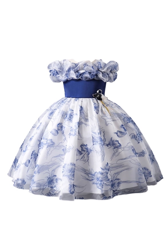 Girls Princess Gown Performance Girls Off Shoulder Floral Print Dress with Ruffle Neckline and Flared Skirt for Special Occasions and Parties Princess Dress Up for Girls 4-6 (Royal Blue 160)