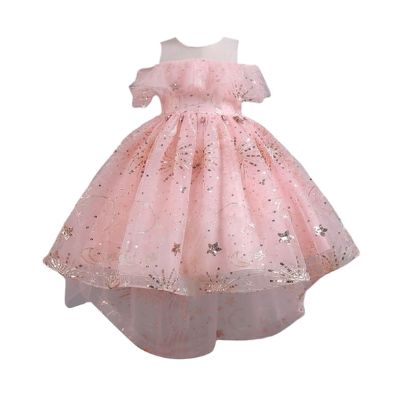 Girls Princess Gown Performance Girls Off Shoulder High Low Dress with Layered Tulle Skirt and Star Pattern for Formal Party Wedding Events Princess Dress Up for Girls 4-6 (Pink 160)