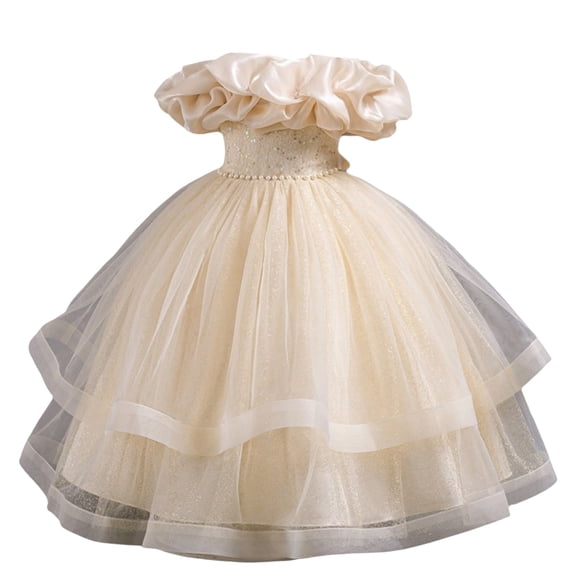 Girls Princess Gown Performance Girls Off Shoulder Ruffle Tulle Dress Elegant Layered Princess Gown for Birthday Party Wedding Formal Events Princess Dress Up for Girls 4-6 (Champagne 120)