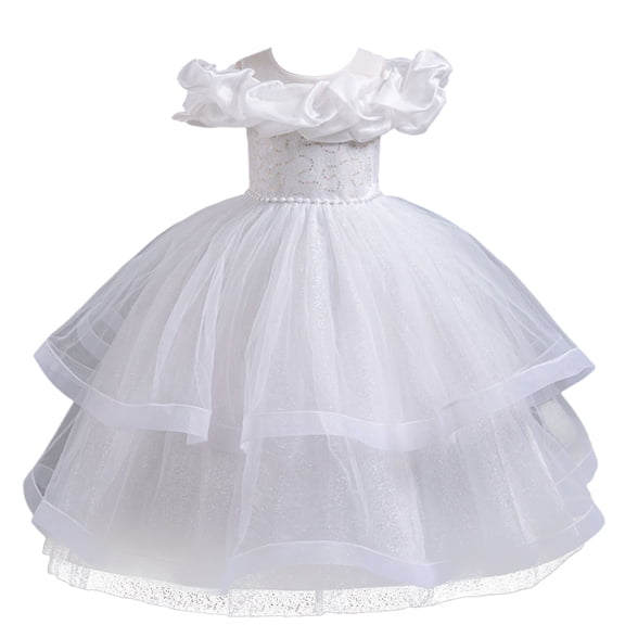 Girls Princess Gown Performance Girls Off Shoulder Ruffle Tulle Dress Elegant Layered Princess Gown for Birthday Party Wedding Formal Events Princess Dress Up for Girls 4-6 (White 120)