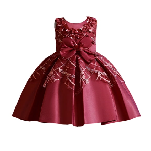 Girls Princess Gown Performance Girls Sleeveless Formal Dress with Bow Applique and Floral Embroidery for Special Occasions and Events Princess Dress Up for Girls 4-6 (Deep Red 60)