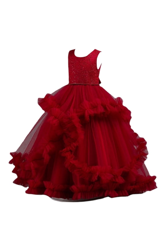 Girls Princess Gown Performance Girls Sleeveless Tulle Ball Gown Dress with Layered Ruffle Skirt and Sequin Bodice for Formal Occasions Parties Weddings Princess Dress Up for Girls 4-6 (Deep Red 150)
