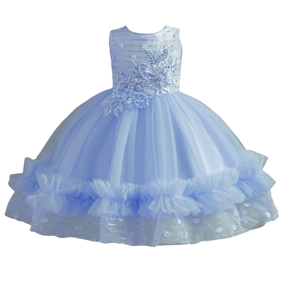 Girls Princess Gown Performance Girls Sleeveless Tulle Ball Gown Flower Embroidery Dress with Layered Skirt for Special Occasions Party Wedding Princess Dress Up for Girls 4-6 (Sky Blue 100)