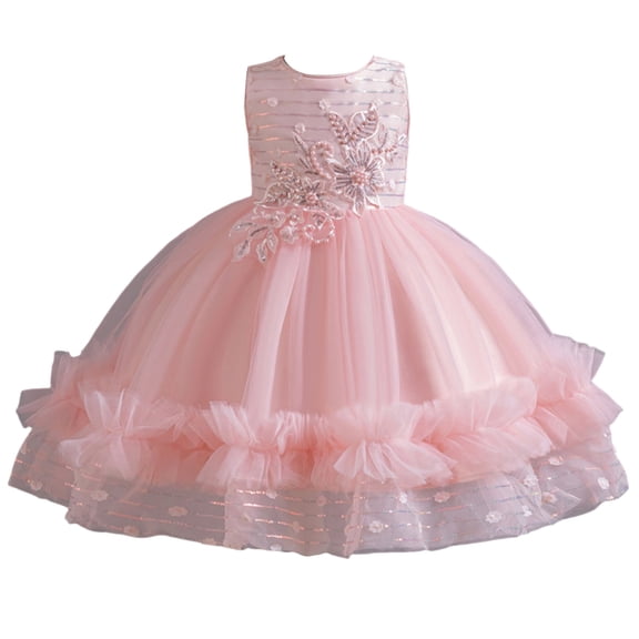 Girls Princess Gown Performance Girls Sleeveless Tulle Ball Gown Flower Embroidery Dress with Layered Skirt for Special Occasions Party Wedding Princess Dress Up for Girls 4-6 (Pink 80)