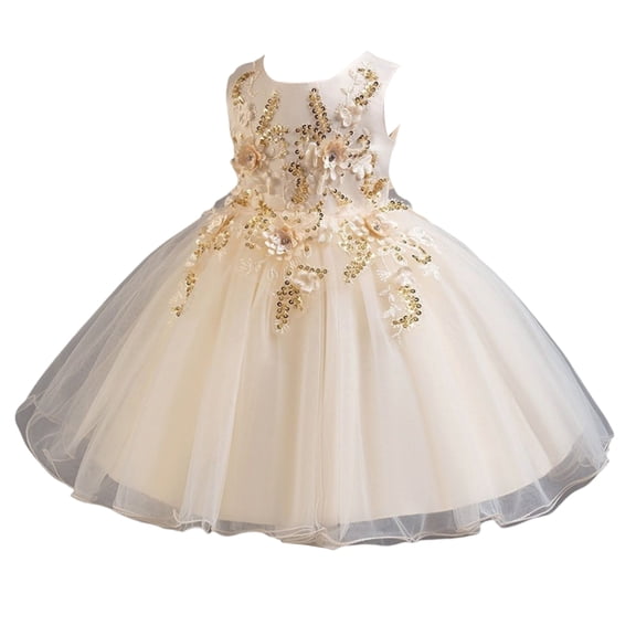 Girls Princess Gown Performance Girls Sleeveless Tulle Dress with Floral Embroidery and Sequin Appliqué Ball Gown Style Formal Party Wear for Children Princess Dress Up for Girls 4-6 (Champagne 60)
