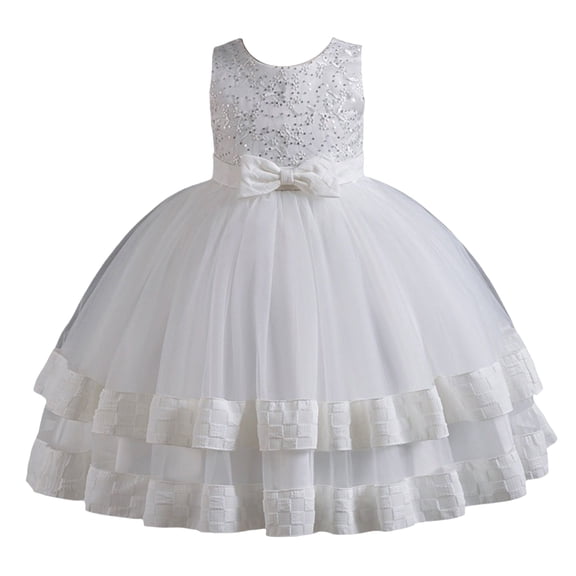 Girls Princess Gown Performance Girls Sleeveless Tulle Dress with Sequined Bodice and Layered Skirt for Formal Occasions Flower Girl Gown Princess Dress Up for Girls 4-6 (White 130)