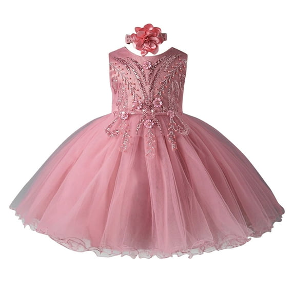 Girls Princess Gown Performance Girls Sleeveless Tulle Princess Dress with Floral Embroidery and Headband for Birthday Party Wedding Special Occasion Princess Dress Up for Girls 4-6 (Pink 80)